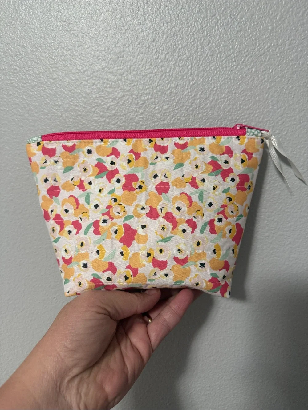 Handmade Quilted Floral Zipper Pouch in Yellow & Pink New